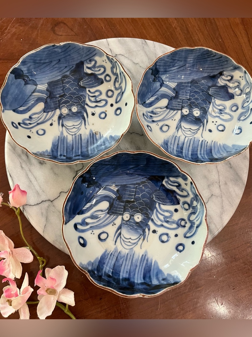 Antique Japanese Imari Porcelain Bowls Set of 3 Blue & White Koi Carp Waterfall